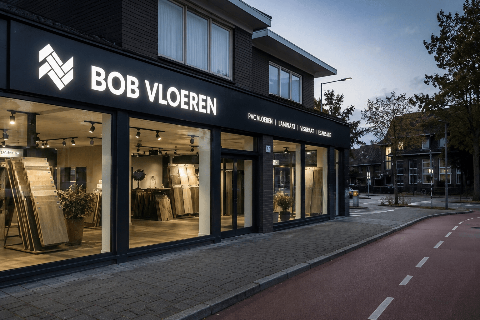 BOBVloeren showroom aan de straat in de avond